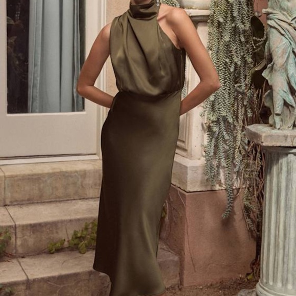 Lulus Dresses & Skirts - Lulus Distinctive Charm Olive Green Satin Asymmetrical Midi Dress - Size M